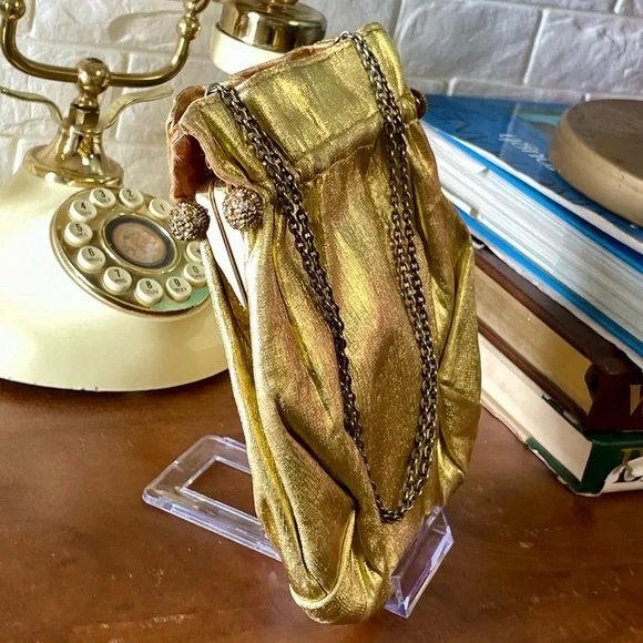 Vintage 1940s 50s Metallic Gold Fabric Slouch Bag Rhinestone Gold Tone Clasps - Picture 5 of 14